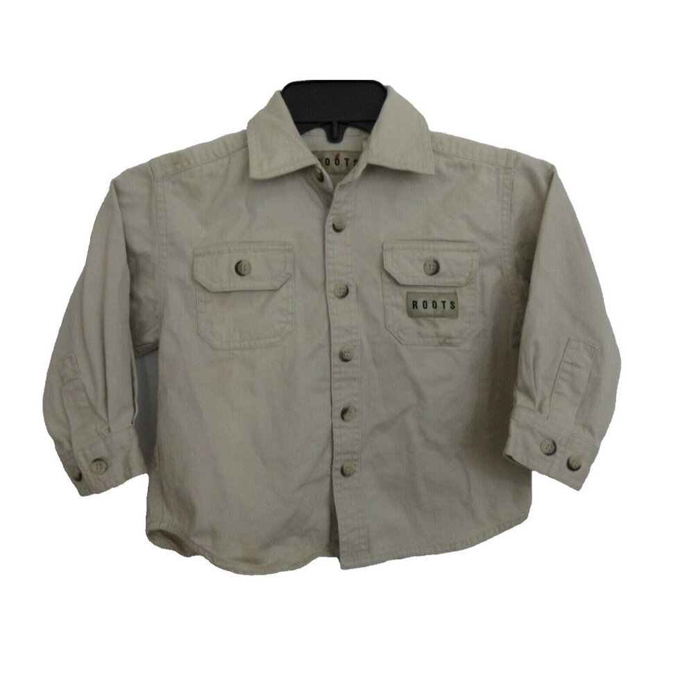 Roots Toddler Boys Camp Shirt Size 4 Long Sleeve Button Front Collar Beige